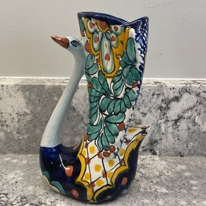 Vintage Mexican Pottery Talavera Swan Vase Planted Hand Painted Bird Signed